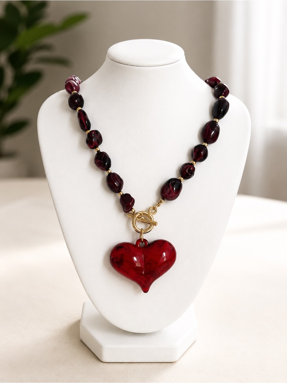 Red Heart Glass Pendant Bead Necklace - Women Jewelry